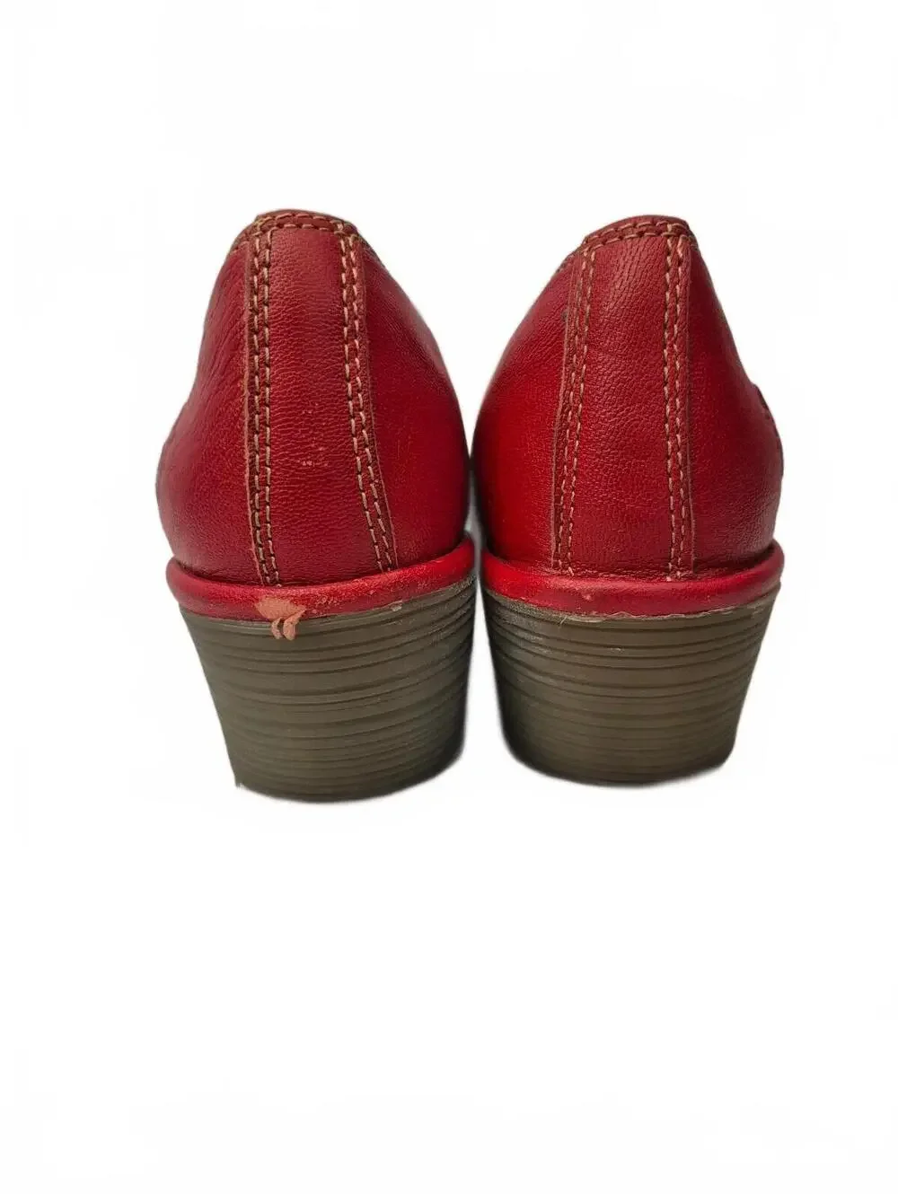 Fly London Red Leather Block Heel Pumps. Features Soft Leather Uppers, Slip-On D